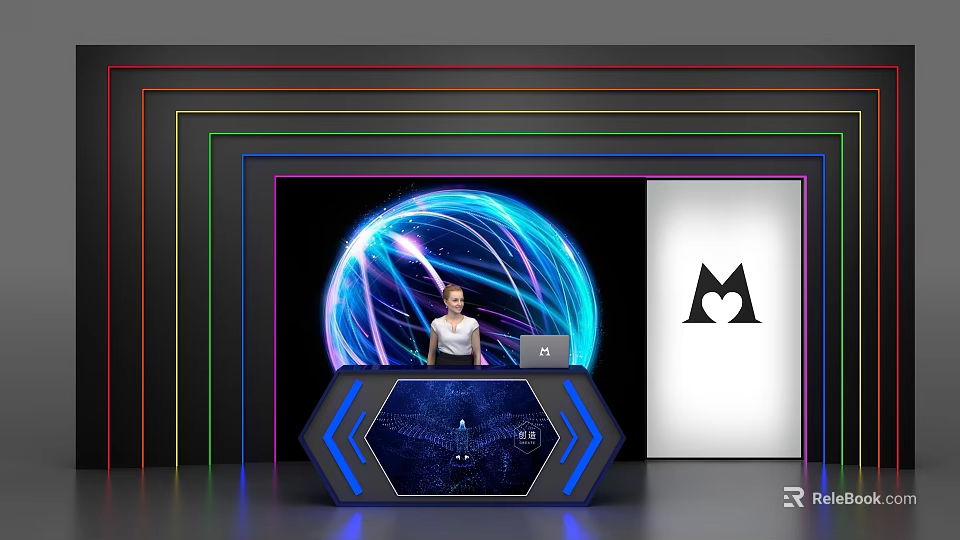 Modern Hexagonal Reception Desk With Blue LED Lights Illuminated Sphere And Logo Panel 3d model 