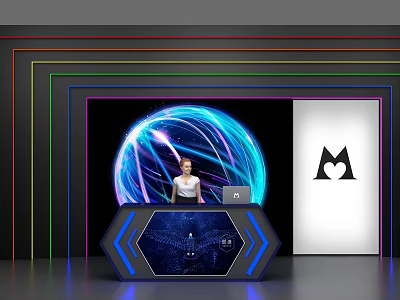 Modern Hexagonal Reception Desk With Blue LED Lights Illuminated Sphere And Logo Panel 3d model