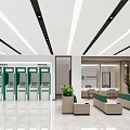 Modern Bank Lobby Interior With Reception Desk Seating Green Plants And Wall Posters