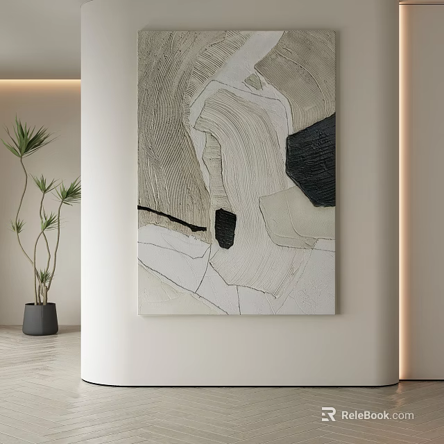 Abstract Painting with Black White Gray Geometric Shapes Textured on White Curved Wall Green Plant 3d model 