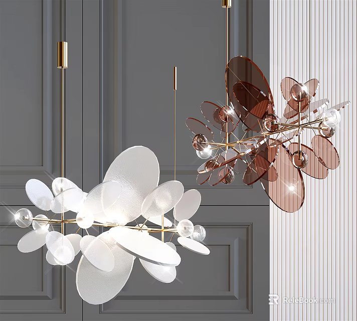 Modern Petal Shaped White And Brown Chandeliers With Golden Frame Transparent Elements 3d model 