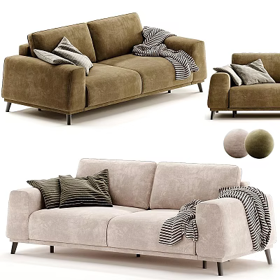 Modern Beige And Brown Two Seater Sofa With Striped Pillows And Blankets And Color Swatches 3d model
