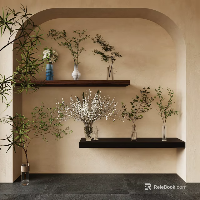 Decorative Vases With Fresh Flowers And Greenery On Beige Arched Wall Shelves 3d model 