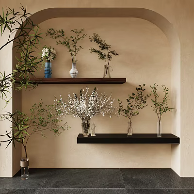 Decorative Vases With Fresh Flowers And Greenery On Beige Arched Wall Shelves 3d model
