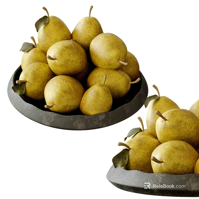 Fresh Yellow Pears in Black Bowl with Green Leaves on White Background 3d model 