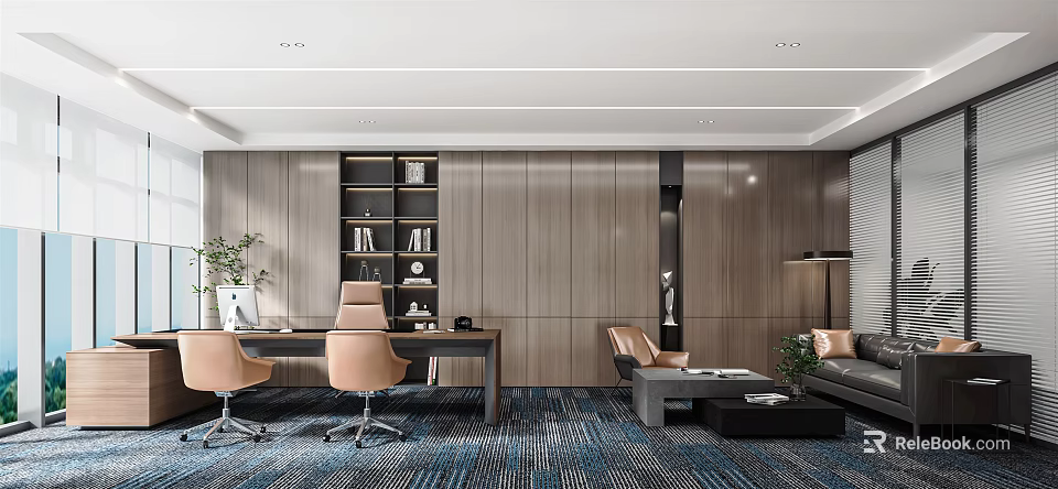 Modern Office Interior With Wooden Walls Bookshelf Desk Chairs Sofa And Carpet 3d model 