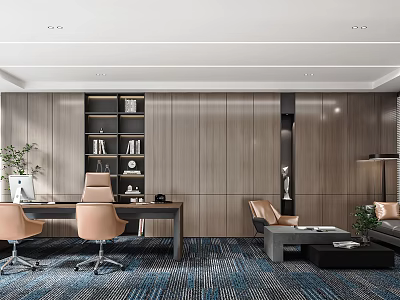 Modern Office Interior With Wooden Walls Bookshelf Desk Chairs Sofa And Carpet 3d model