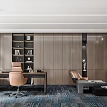 Modern Office Interior With Wooden Walls Bookshelf Desk Chairs Sofa And Carpet