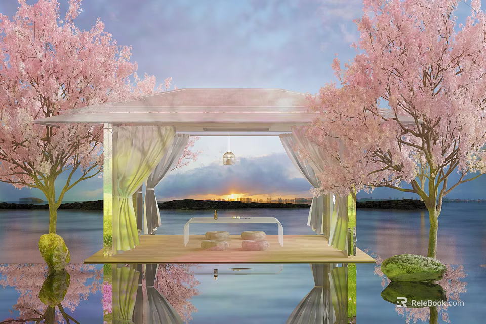 Scenic Waterfront Pavilion Surrounded By Cherry Blossom Trees With Sunset Reflection 3d model 