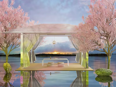 Scenic Waterfront Pavilion Surrounded By Cherry Blossom Trees With Sunset Reflection 3d model
