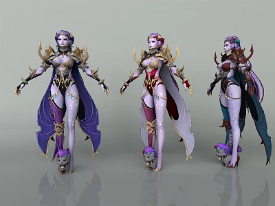 Game Movie Characters With Purple Hair Ornate Golden Costumes And Colorful Capes 3d model