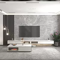 Modern White TV Stand In Living Room With Large TV Decorations And Potted Plants