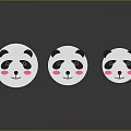 Three Adorable Panda Faces With Black Ears And Eyes Pink Blushes On Gray Background Reflections