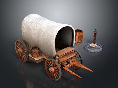 Vintage Wooden Wagon With White Canvas Cover Barrels Lantern And Stone Base 3d model