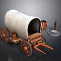 Vintage Wooden Wagon With White Canvas Cover Barrels Lantern And Stone Base