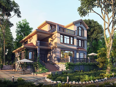 Spacious Detached Villa Exterior With Lush Greenery Garden And Wooden Balcony 3d model