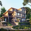 Spacious Detached Villa Exterior With Lush Greenery Garden And Wooden Balcony