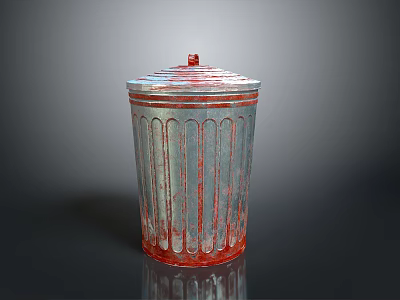 Metal Trash Can With Striped Design And Red Lid For Home Daily Use 3d model