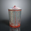 Metal Trash Can With Striped Design And Red Lid For Home Daily Use