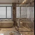 Modern Bathroom Design Featuring Marble Walls Freestanding Bathtub Double Sinks Glass Shower And Wooden Blinds