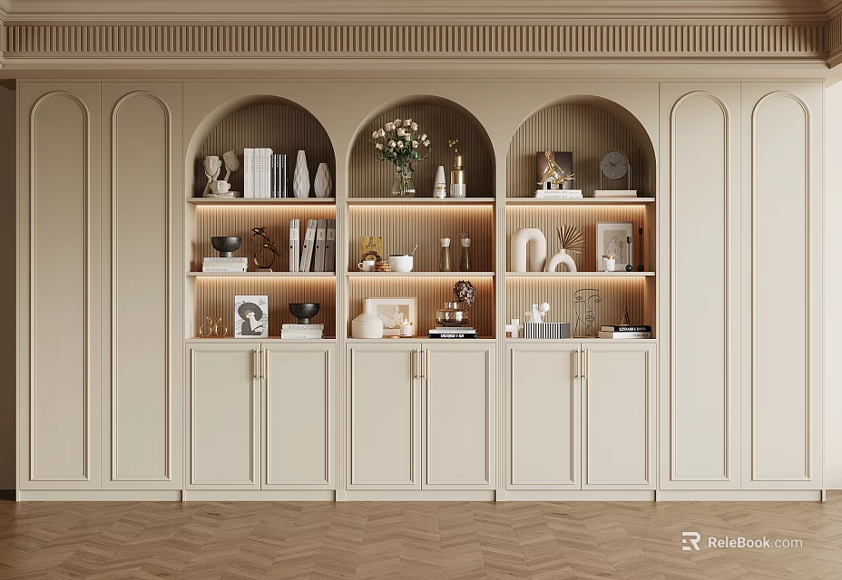 Modern Arched Built in Bookcase Interior With Decor Items And Lighting 3d model 
