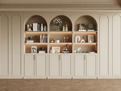 Modern Arched Built in Bookcase Interior With Decor Items And Lighting 3d model