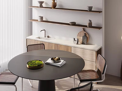 Modern Dining Table Set with Rattan Chairs Black Round Tabletop Wooden Shelves And Cabinets 3d model