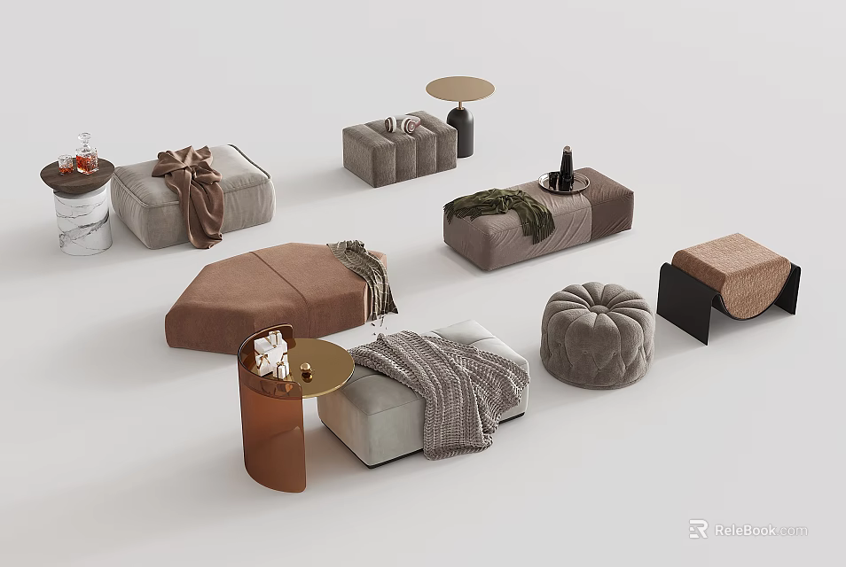 Modern Sofa Stools in Neutral Tones with Blankets Small Tables and Decorative Vases 3d model