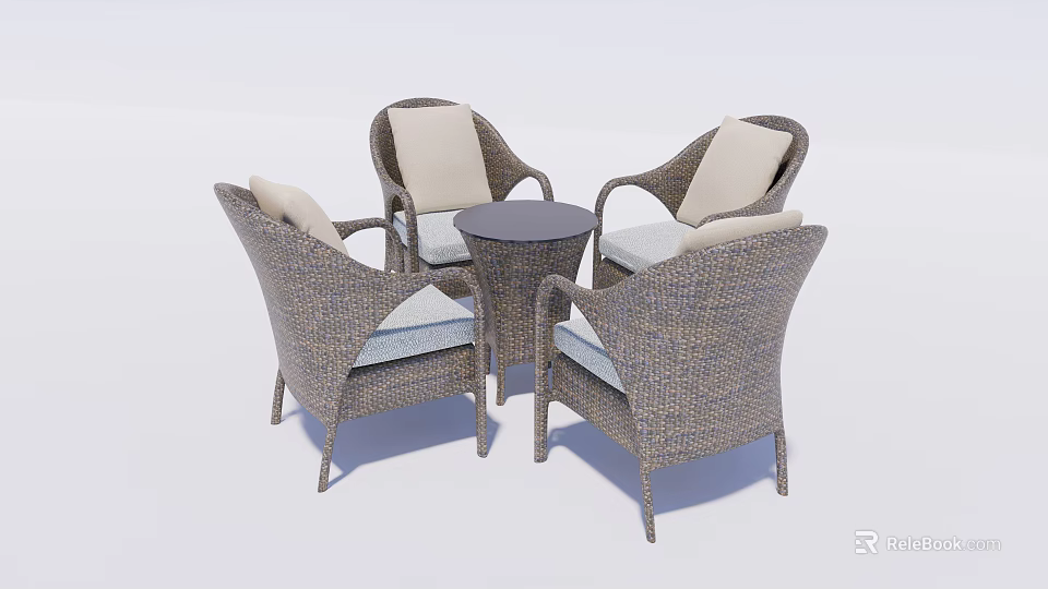 Wicker Outdoor Sofa Set with Cushioned Chairs and Round Coffee Table 3d model 