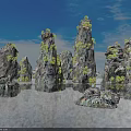 Scenic Rock Formations with Green Vegetation Under Blue Sky and Calm Water Reflections