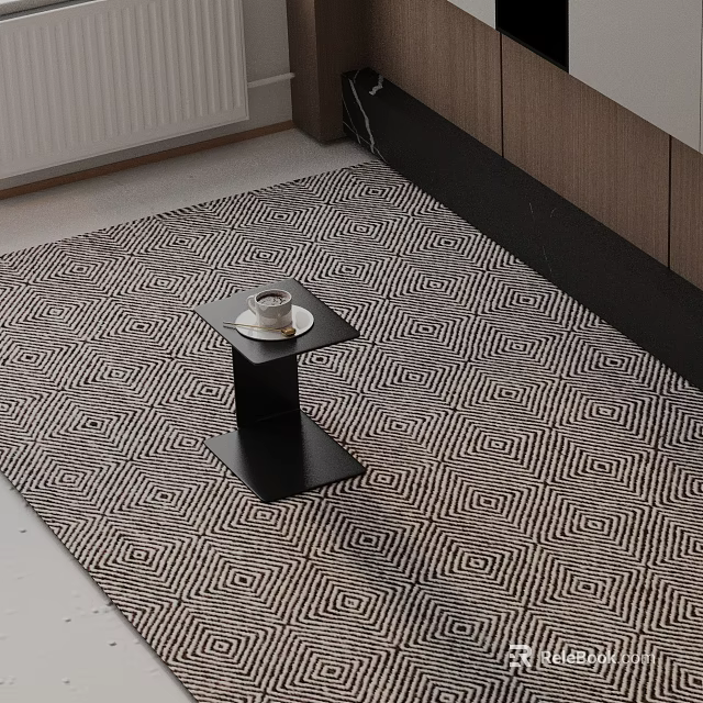 Black Metal Side Table With Coffee Cup On Geometric Patterned Rug 3d model 