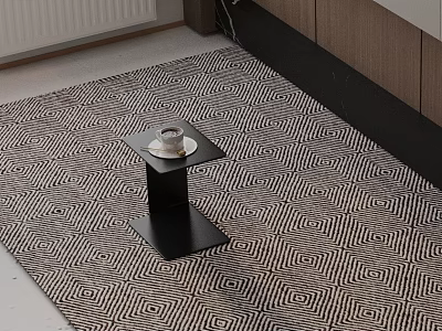 Black Metal Side Table With Coffee Cup On Geometric Patterned Rug 3d model