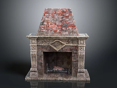 Traditional Fireplace Design With Brick Chimney And Ornate Carved Stone Mantel Details 3d model