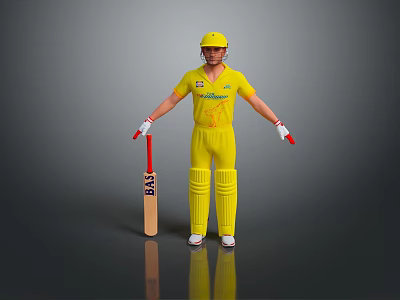 Cricket Player In Yellow Uniform With Helmet And Cricket Bat Standing 3d model