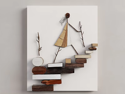 Creative Handmade Wall Decor With Wooden Blocks Branches And Human Figure Design 3d model