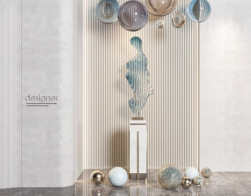 Blue Glass Sculpture On White Pedestal With Gold White Spherical Decorations Striped Wall Hanging Ornaments 3d model 
