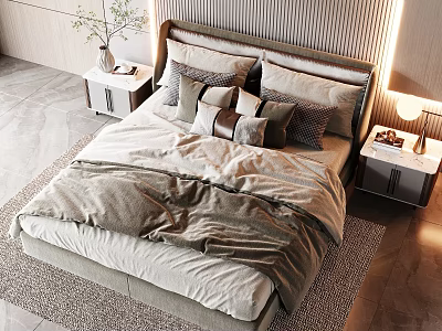 Cozy Double Bed with Upholstered Headboard Pillows and Nightstands in Modern Bedroom 3d model