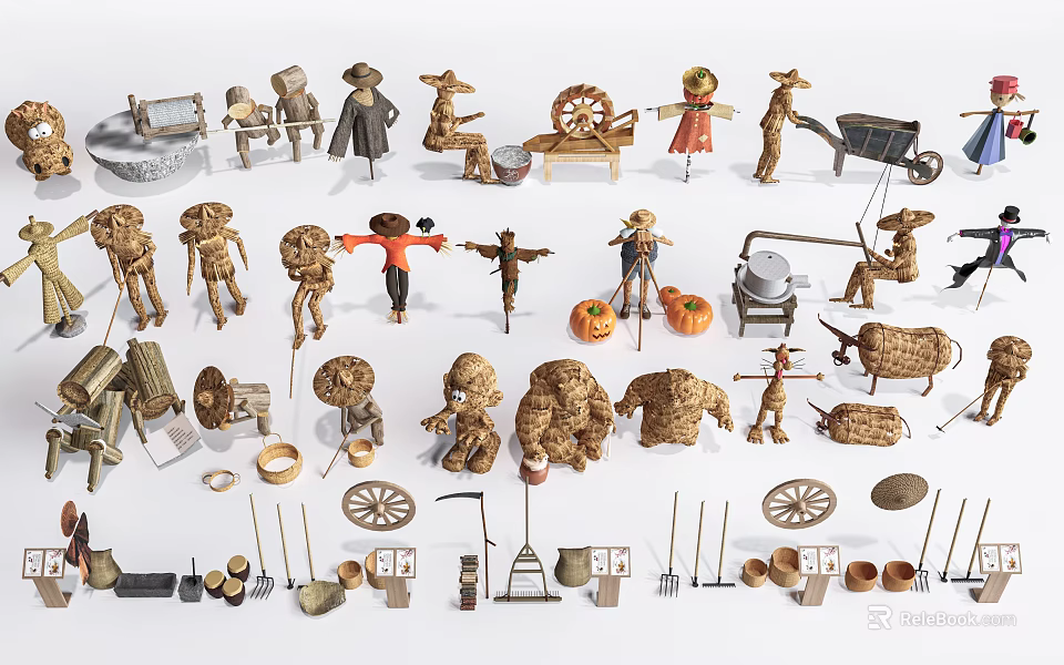Traditional Agricultural Equipment Including Scarecrows Wheelbarrows Farm Tools Pumpkins And Wooden Wheels 3d model 