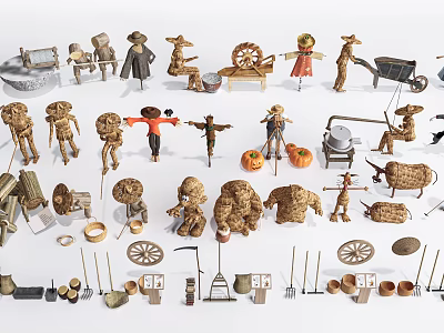 Traditional Agricultural Equipment Including Scarecrows Wheelbarrows Farm Tools Pumpkins And Wooden Wheels 3d model