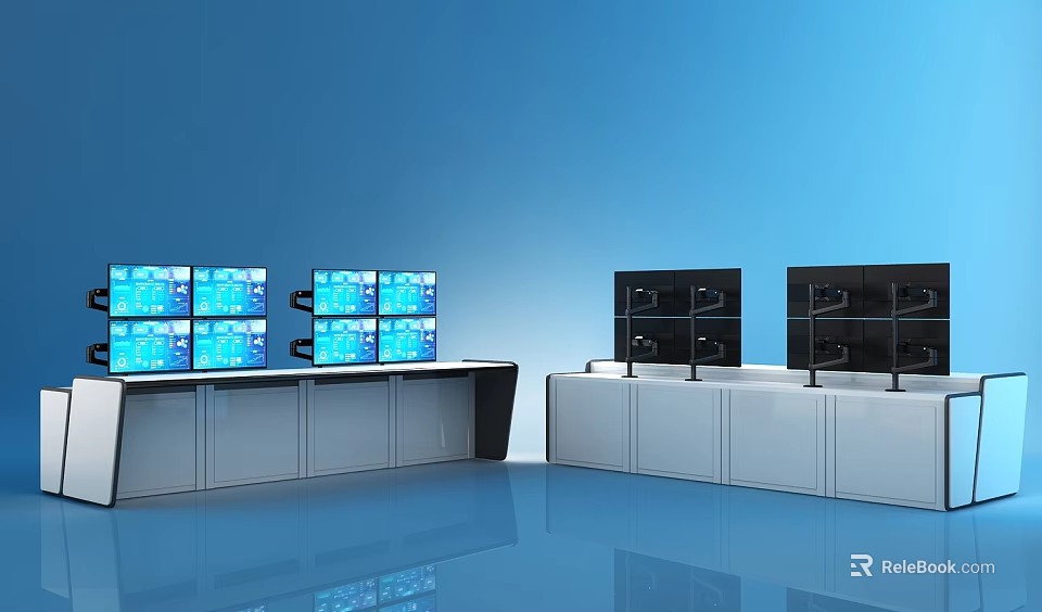 Modern Surveillance Control Room With Multiple Screens White Cabinets And Reflective Floor 3d model 