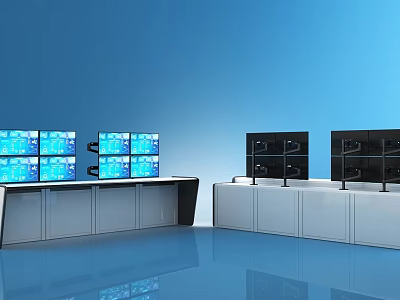 Modern Surveillance Control Room With Multiple Screens White Cabinets And Reflective Floor 3d model