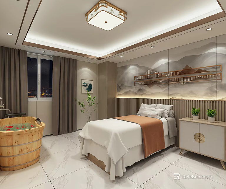 SPA Sauna Room Featuring Wooden Barrel Bath Massage Bed And Modern Decor Elements 3d model