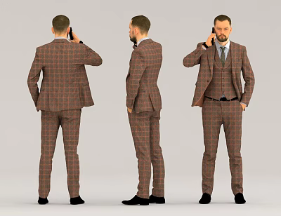 A Man Wearing Checkered Three Piece Suit Showcasing Front Side And Back Views 3d model