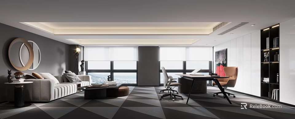 Modern Office Interior Design With Desk Chair Sofa Large Windows Geometric Carpet Artwork 3d model