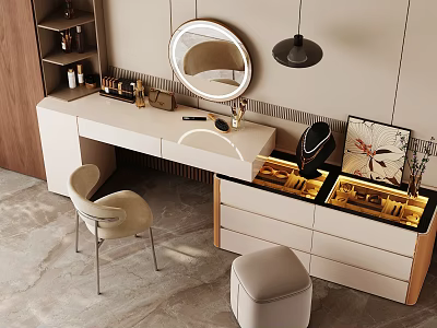 Elegant Modern Dressing Table with Round Mirror Chair Pendant Light and Illuminated Drawers 3d model
