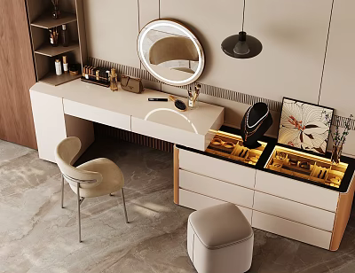 Elegant Modern Dressing Table with Round Mirror Chair Pendant Light and Illuminated Drawers 3d model