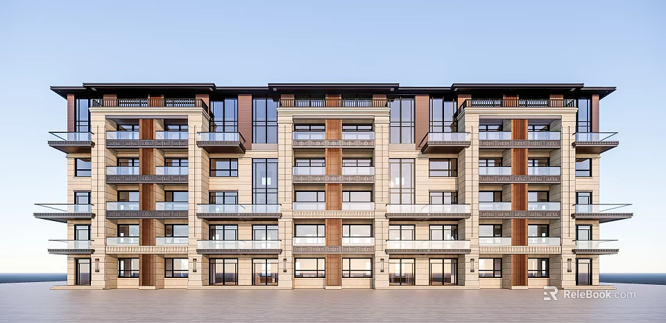 Modern Townhouse Exterior Design With Multi Storey Balconies And Large Windows 3d model 