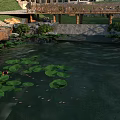 Scenic Landscape With Wooden Bridge Over Pond Lotus Leaves Blue Sky White Clouds And Houses