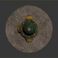 Yellow Fire Hydrant With Green Top And Chains On Round Stone Base