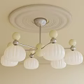 Modern Chandelier With White Glass Shades Cream Decorative Balls Branched Frame On Circular Ceiling Medallion